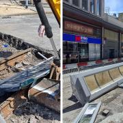 The exposed rails (left) and the demolished bus stops (right)