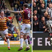 Calum Kavanagh celebrates opening the scoring for the Bantams against Newport, while Alexander Isak runs off after netting Newcastle's third goal against Spurs.