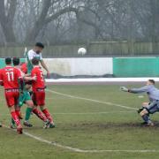 Oli Johnson heads a goal for Avenue in their 3-3 draw at home to Alfreton Town Picture: John Rhodes