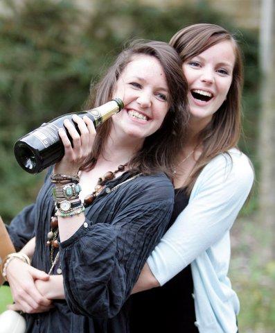Skipton Girls High School students Eppie Thompson (four As), who is going to St Andrews, and Victoria Richardson (four As)who is going to Oxford, have a celebratory drink.