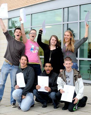 Bradford Academy stuents, from the left, back, David Corbet, Kayleigh Marsden, Danielle Head, and Rita Tamolina and front Kiah Dean, Sukhpreet Singh, and Phillip Bowden celebrate their success.
Rep: Ben
Photo: Lucy Ray