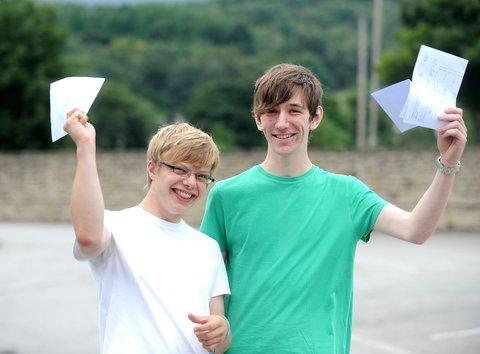 Beckfoot School, Bingley, pupils Aron White and David Booth celebrate their results.