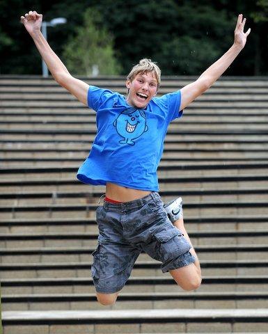 Jumping for joy is Titus Salts Grammar School student Andrew Robinson after reading his stunning A Level results.