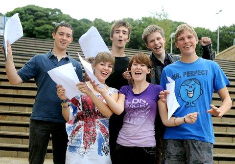 Titus Salts Grammar School students, from the left, back, Tom Wilson, James Hanson, Tomas Crow, Andrew Robinson, and front, Lisa Ronkowski, and Samantha Raw celebrate their results.