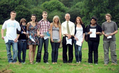 Bingley Grammar School head Chris Taylor, fourth from the right, with pupils, from the left, Thomas Dalton, Danielle Startin, Catriona Burniston, Adam Lang, Sarah Thompson, Alice Phillipson, Naomi Richmond and Jack Warren.