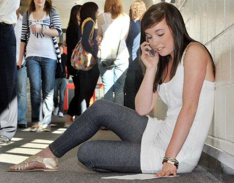 Bingley Grammar School student Joanne Butterworth phones home with her results.