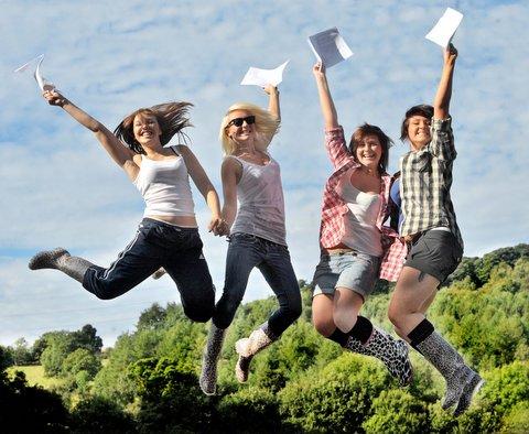 Jumping for joy are Bingley Grammar School students, from the left, Chloe Longhorn, Berth Marsh, Lizzie Monaghan and Robyn Hawkes.
