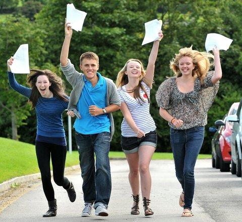 Celebrating their results are St Mary's, Menston, pupils, from the left, Siobhan Fisher, Patrick Kirkham, Georgina Huggon, and Frances Gormley.
