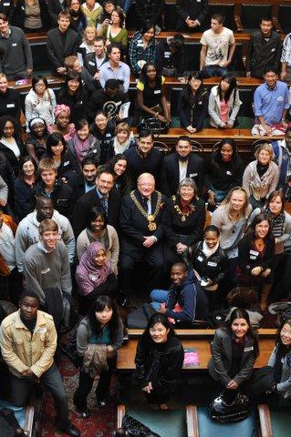 Nearly 200 students from 110 different countries got a tour of Bradford's historic City Hall with the Lord Mayor, Councillor John Godward.