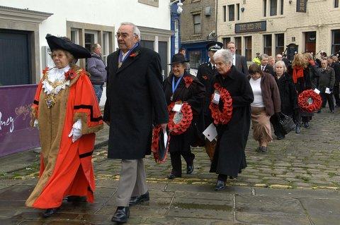 Town Councillor and Mayor Margaret ward leads the procession at Keighley Remembrance Day Parade.