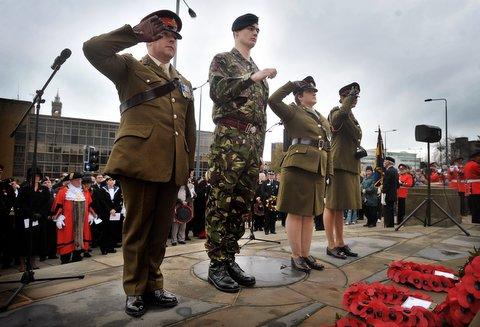 The laying of wreaths at the Remembrance Day Parade in Bradford city centre.