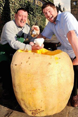 

Villagers will be able to enjoy special soup at a Burley-in-Wharfedale pub. 
The pumpkin soup due to be served up by The Red Lion has come from a 23.5 stone monster used in a shop's Guess the Weight competition. 
