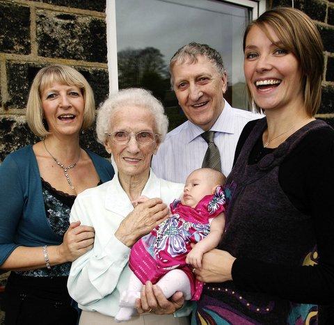 A 94-year-old woman from Oxenhope who was orphaned at an early age has met the tiny fifth generation of her family. 
Susan Doris Feather, met 12-week-old Brooke Cossins – her great-great-granddaughter.