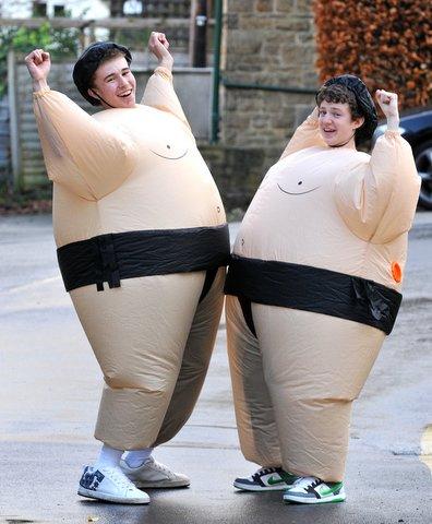 Ikley Grammar School pupils took part in a three-legged fancy dress walk into the town and back. The sumo wrestlers are Ben Fripp and Lewis Walker.