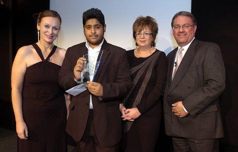 Wasiq Khan - Best Future Citizen winner. Left to right, Debbie Lindley, Waziq Khan, Michele Sutton (Bradford College), Perry Austin-Clarke.