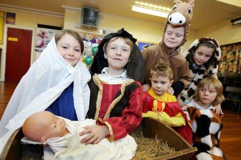 Embsay Primary School Nativity Play. From the left are Ruby Newiss, Kai Best, Archie Elsworth, Harry Bayliff, Eve Briggs and Sam Preece.