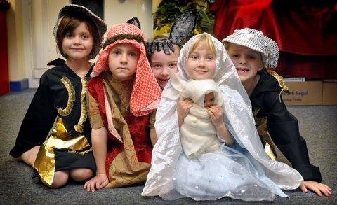 Taking part in Crossflatts Primary School Nativity play were, from the left, Lauren Shimbles, Joseph Bethan, Noosha Travers, Isabelle Dray and Jennifer McQuillan.