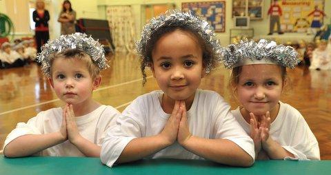 Playing angels in Holybrook Primary School Nativity were, from the left, Sam Deakin, Charley Williams and Lola Haddock.