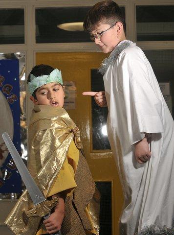 Appearing in Hollingwood Primary School Nativity performance were the Angel Gabriel Suliman Khan and King Herod Haris Ali.