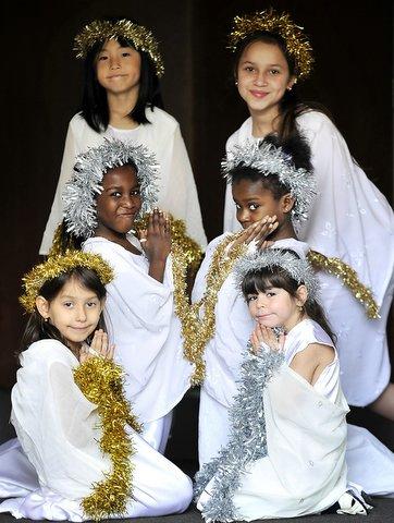 Appearing in Springwood Primary School's Nativity were, from the left, back, Soo-Yon Cho and Dominika Milenkyova. Middle Lindsay Gwebu and Mary Vunana. Front Kristina Ginova and Anna Blowska.