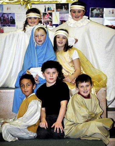 Taking part in St Francis' Primary School Nativity were, from the left, back, Niamh Large and Leah Kerin. Middle, Bethany Difiori and Shauna Mortimer. Front, Alex Gibson, Callum Ward and Cody Stainsby.