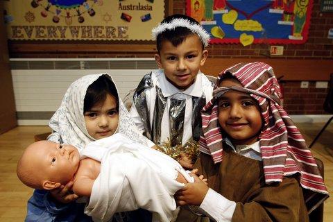 Performing in Off to Bethlehem at St Andrew's Primary School, Keighley, are, from the left, Esha Akhtar, Gervais Asghar and Junaid Nazir.