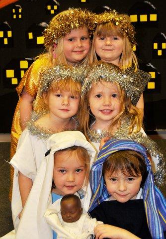 Taking part in Burley Woodhead Primary School Nativity are, from the laft, back, Mollie Linacre and Evie Stead. Middle, Libby Gray and Mabel Arnold. front, Maddy Henderson and Rhys Worts.