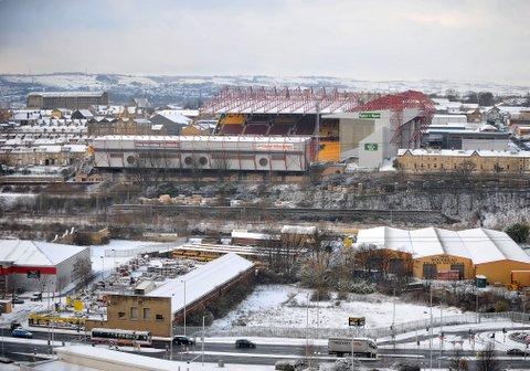 A shot of snowy Bradford and Valley Parade.