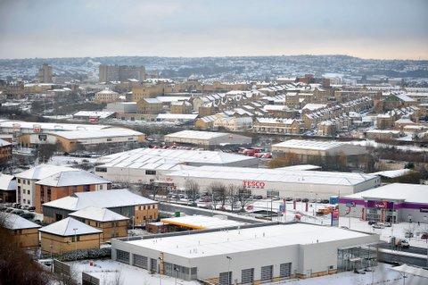 The scene over a snowy Bradford city centre.