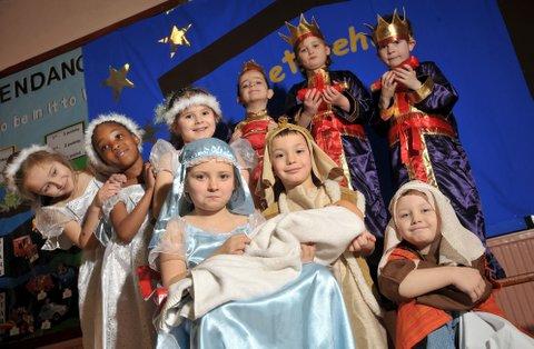 Some of the cast of St Columba's Primary School, Tong Street, Nativity.