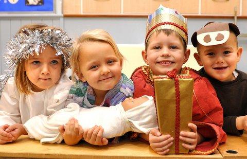 Taking part in Hill Top Primary School Nativity were, from the left, Rosie Simmons, Freya Robinson, Aidan Law and Bobby Fisher.