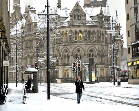 Snow hits Bradford city centre on Christmas Eve.