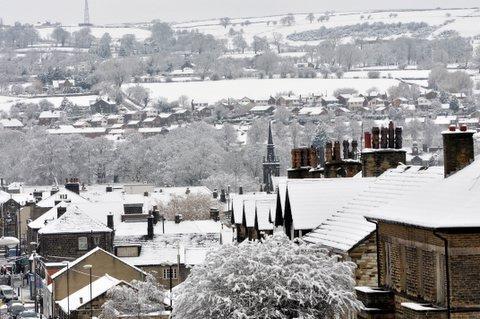 Snowy rooftops in Otley.
