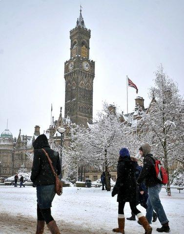 The snowy landscape outside City Hall