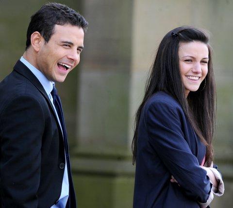 Jason Grimshaw (Ryan Thomas) and Tina McIntyre (Michelle Keegan) share a joke outside City Hall.