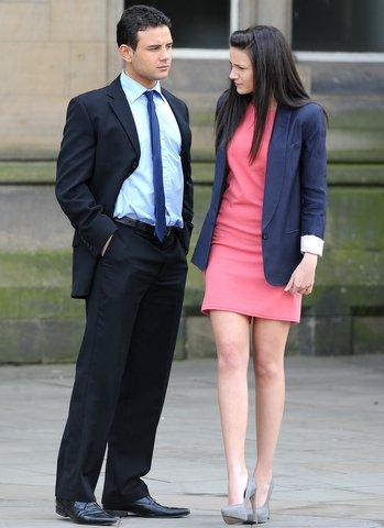 Jason Grimshaw (Ryan Thomas) and Tina McIntyre (Michelle Keegan) outside City Hall.