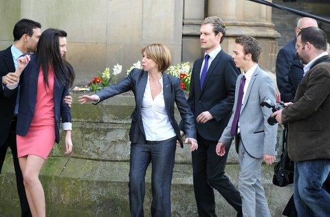Gail McIntyre (Helen Worth) emerges from court implying she was acquitted. She tries to talk to Tina McIntyre (Michelle Keegan), watched by sons David Platt (Jack P Shepherd) and Nick Tilsley (Ben Price) and Jason Grimshaw (Ryan Thomas).