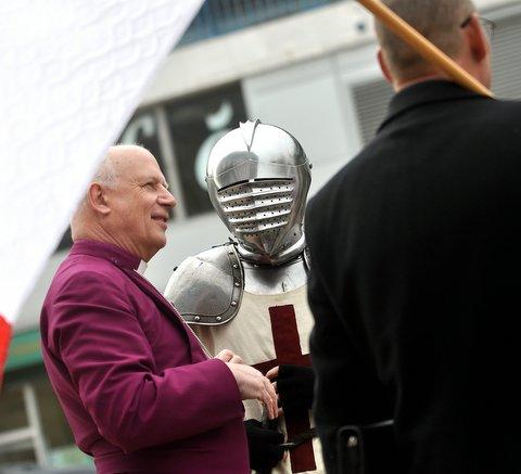 The Bishop of Bradford, the Rt Rev David James, meets up with a knight in armour.