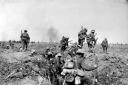 Troops of the British XIV Corps, possibly 5th Division, advancing near Ginchy, during the Battle of Morval, part of the Somme Offensive..