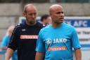 Marcus Bignot (right), pictured with fellow Guiseley joint-manager Russ O'Neill (left) is set for a competitive return with his Guiseley side today. Picture: Alex Daniel Photography