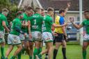 Wharfedale playes celebrate Ben Blackwell's try against Preston Grasshoppers. Picture: Ro Burridge