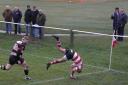 Mikey Hayward scores a spectacular try in Cleckheaton’s win over Malton & Norton Picture: Gerald Christian