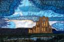 An upcycled fabric collage of Whitby Abbey