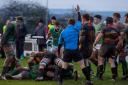 The referee awards Wharfedale's last-minute try by Chris Howick at Cinderford that allowed fly half Jamie Guy to convert from the touchline and secure a draw – Picture: Ro Burridge
