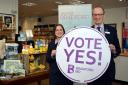 Visit Bradford staff members Lisa Brankin and Ian Rose at the Visitor Information Centre, in Britannia House, Broadway, urging businesses to Vote Yes