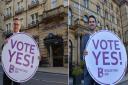 Daniel Greenwood, general manager, at the Great Victoria, and David Crossley, general manager at the Midland, outside their hotels with Vote Yes! boards