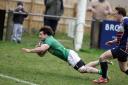 Wharfedale's Dan Solomi scores a try on his first league appearance of the season