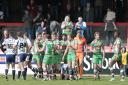 Keighley Cougars celebrate Scott Law's try. Picture: Charlie Perry