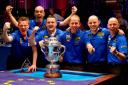 Chris Melling, third left, and his European team-mates show off the Mosconi Cup after their victory over the United States