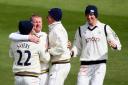 I celebrate one of my wickets against Leicestershire at Scarborough